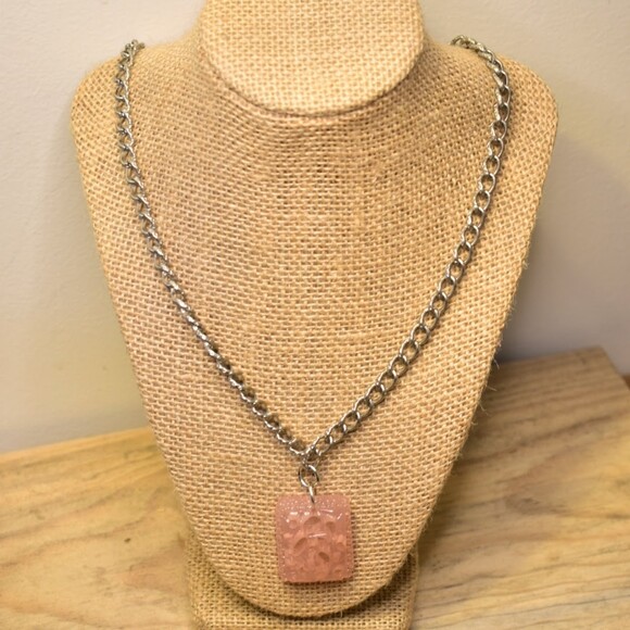 Artisan Created Rhodium Plated Chain and Rectangle Carved Pendant - Picture 2 of 4